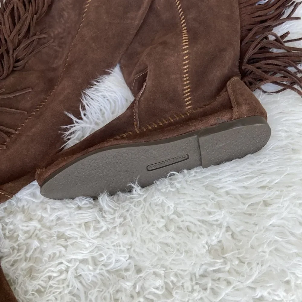 New Minnetonka Tall Leather Suede Brown Fringe Tall Moccasin Boots Size 5